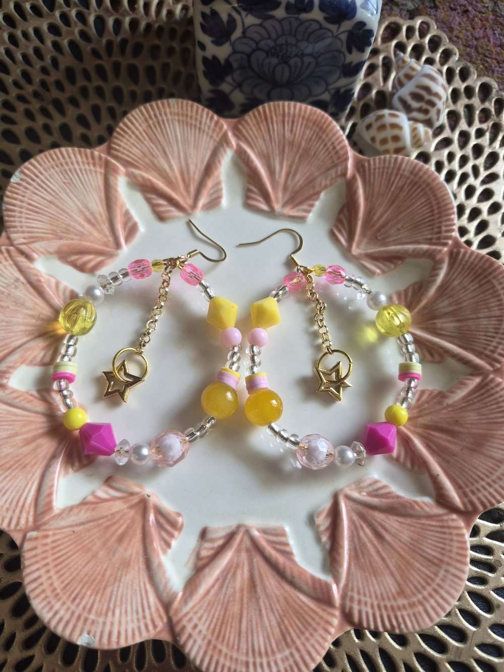 Handmade Pink & Yellow Beaded Hoop Earrings with Gold Star Charm